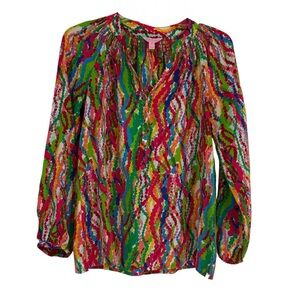 LILLY PULITZER Elsa Silk Long Sleeve Blouse Top Size XS V-neck Smocking Multi